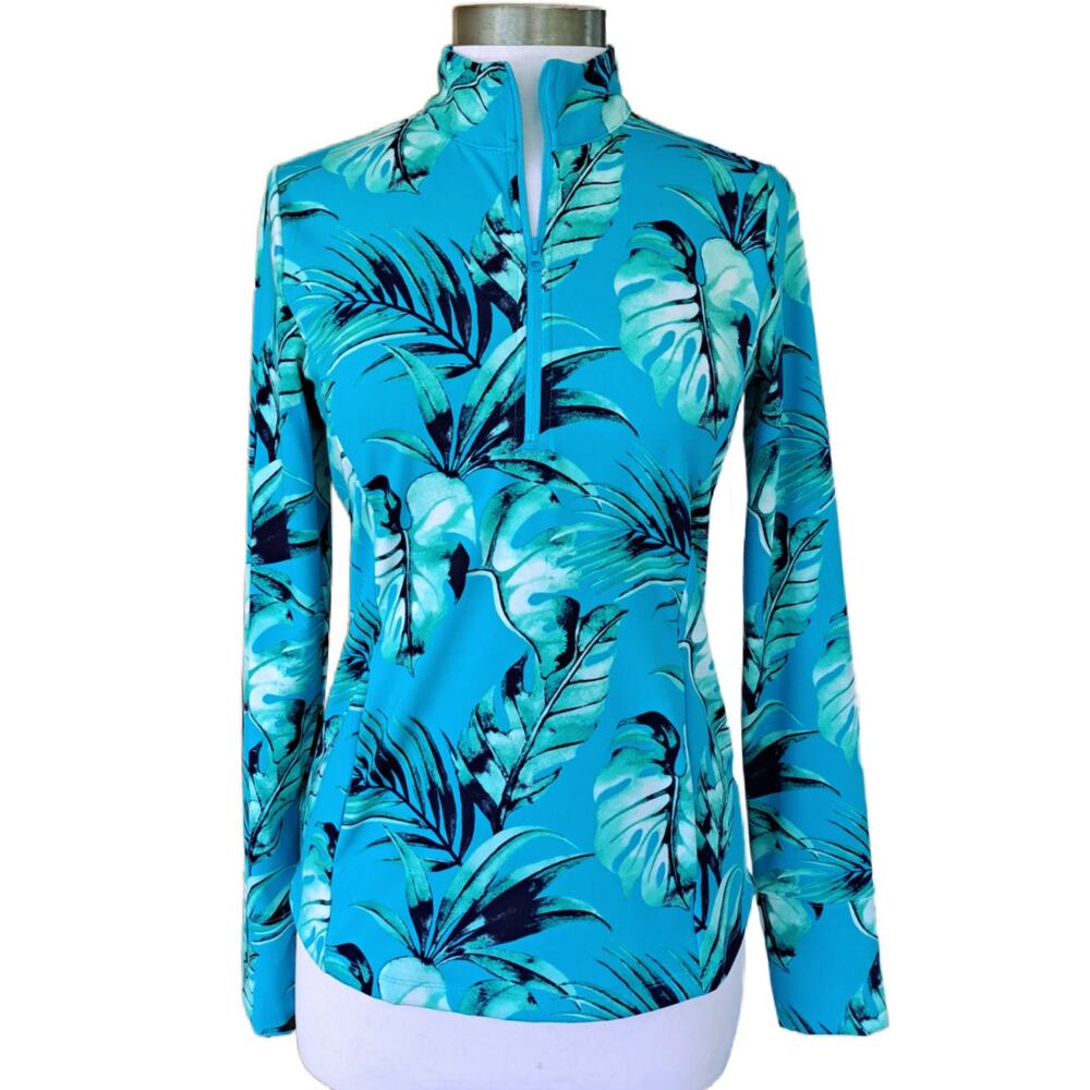 TOMMY BAHAMA Golf Long Sleeve Turquoise Palm Top 1/4 Zip Popover Small
